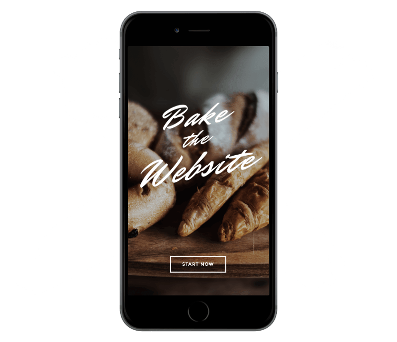 Smartphone showing a baking website with bread image and start button.